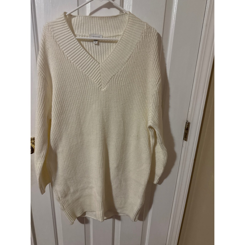 Topshop Womens Cream White Oversized V-Neck Chunky Ribbed Knit Sweater Tunic S
